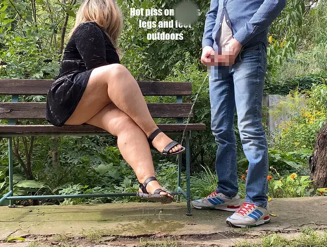 Hot piss on MILF's legs and feet outdoors