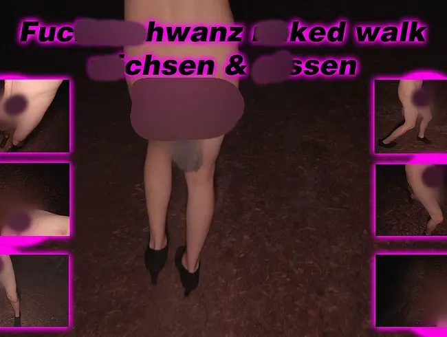 Sissyschlampe Jana nackt im Wald in hohen Schuhen mit Fuchsschwanz Analplug pissen und wichsen