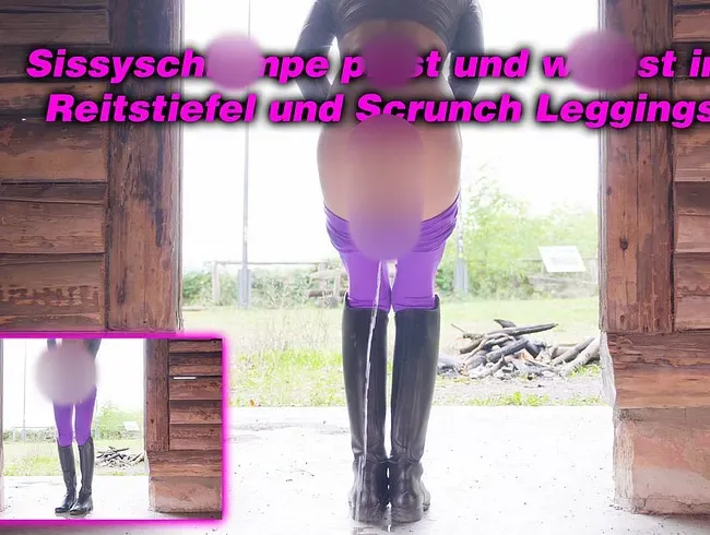 Sissyschlampe pisst und wichst in Reitstiefel und Scrunch Leggings