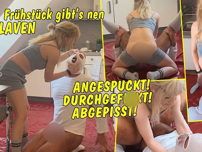 Zum Frühstück gibt’s nen Sklaven! Der wird abgespuckt, durchgefickt und abgepisst!